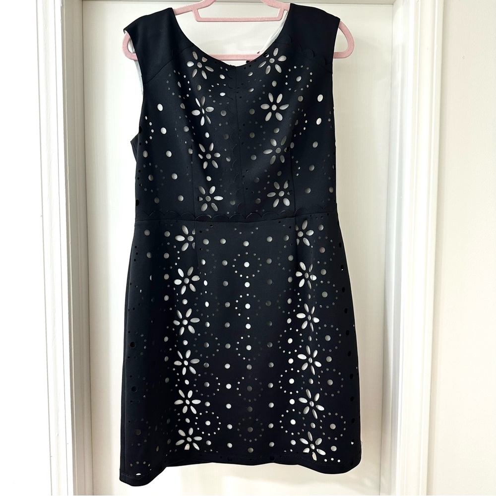 Betsey Johnson Black Sheath Mini Dress with Floral Laser Cutouts, Size 14